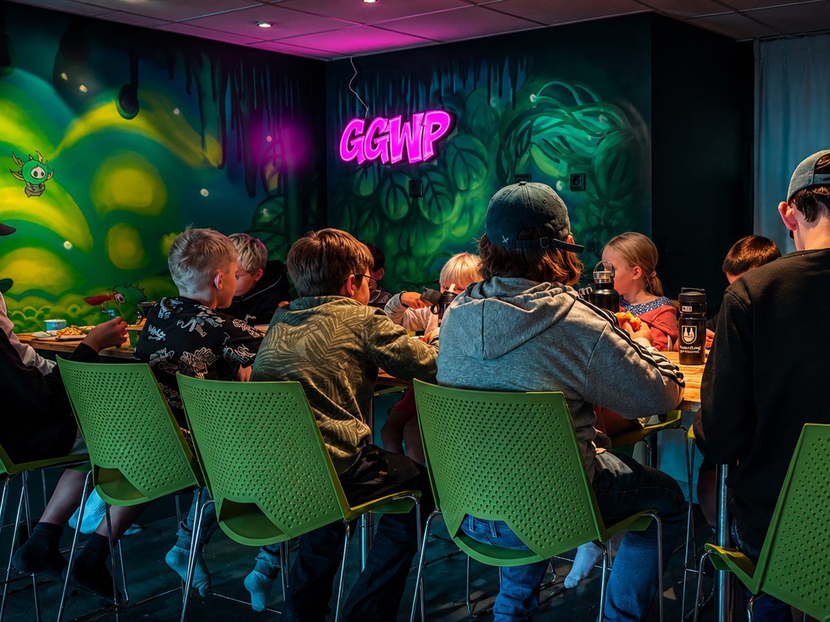 Barn samlas vid kalasbord i E-Sports Academys gamingcenter